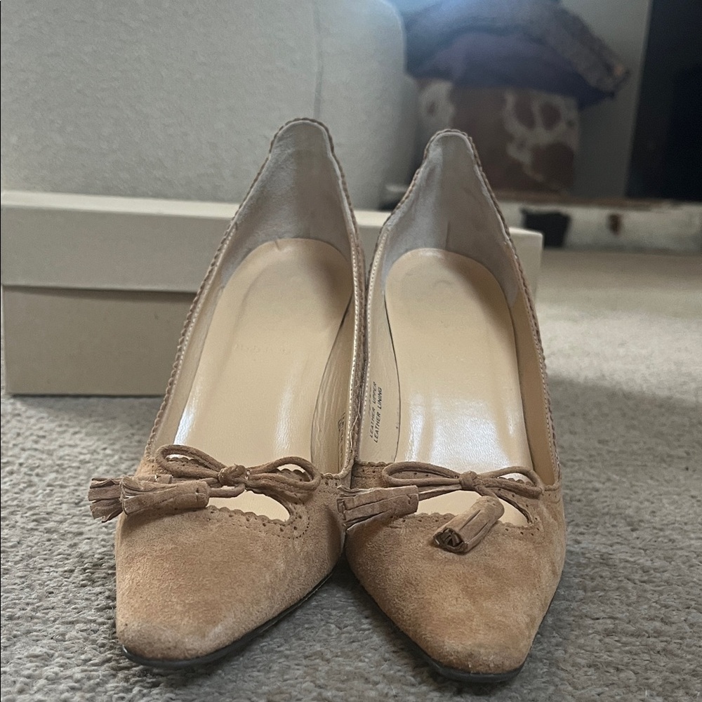J. Crew Tan Suede Heels with Bow Detail